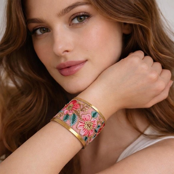 Jewelry - Bohemian‎ Floral Embroidered Wide Cuff Bracelet Gold Tone Pink Sequin Statement